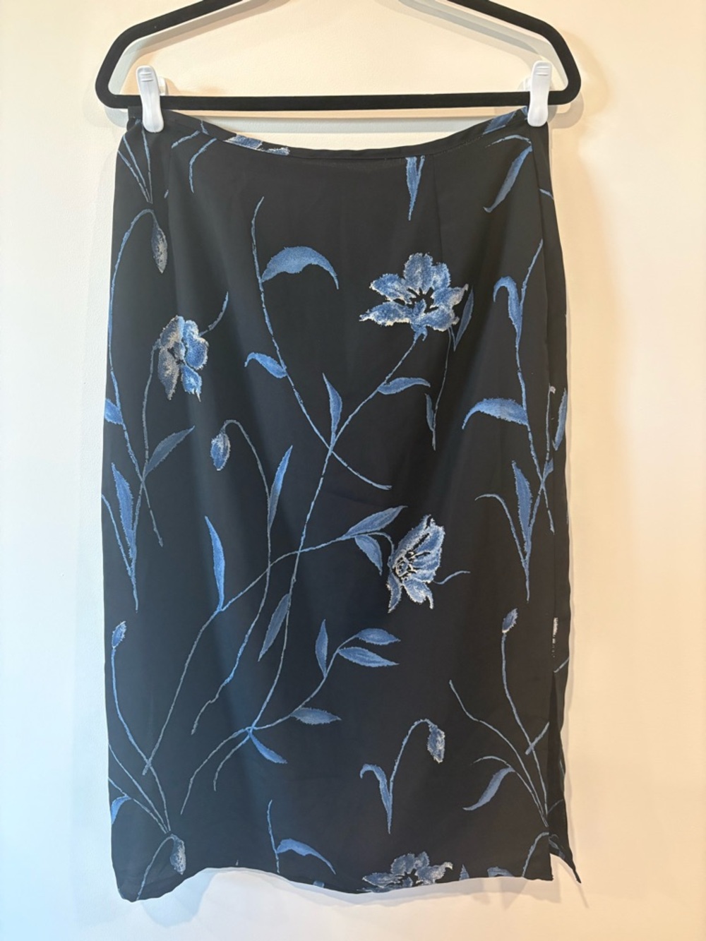 Vintage Mandy Evans Black Midi Skirt with Blue Floral Print